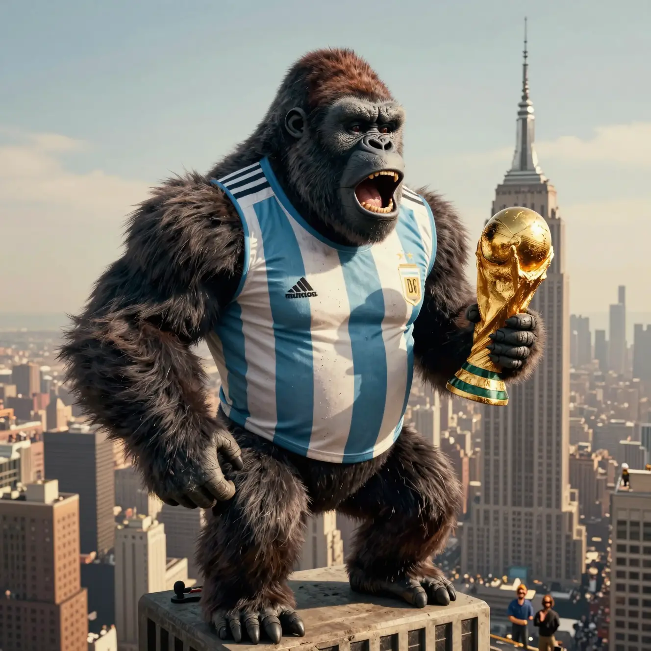 Riesiger Gorilla im Trikot auf einem Wolkenkratzer bei Sonnenuntergang