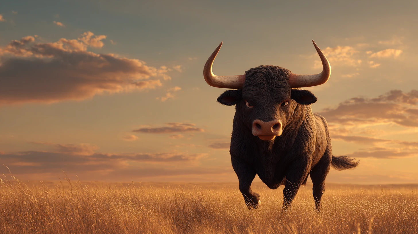 Spanischer Stier in der kastilischen Ebene bei Sonnenuntergang