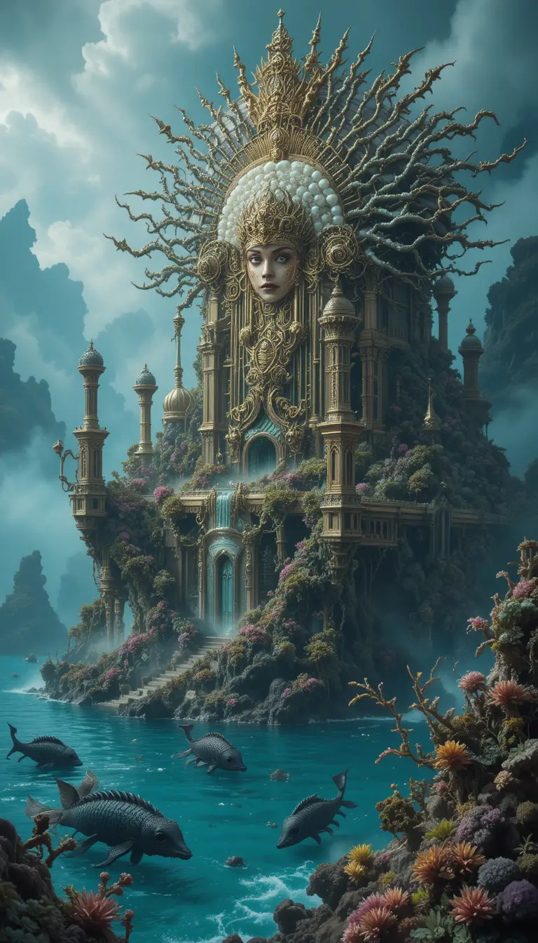 Reine sirène régnant sur un palais insulaire enchanté