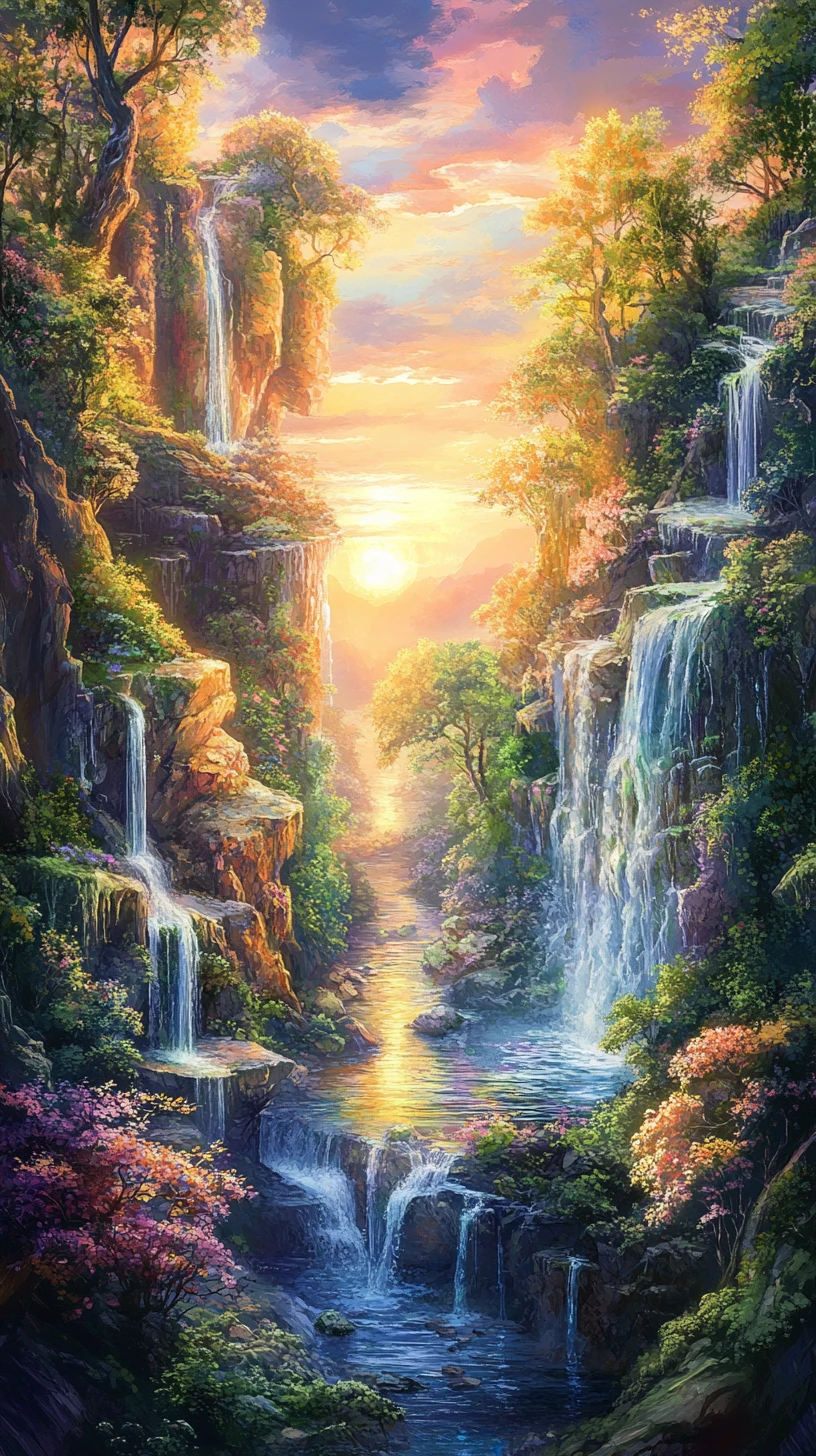 Montanhas e rio em estilo anime brilhando ao sol quente