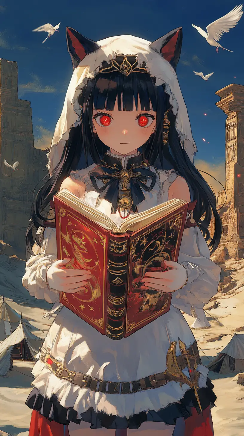 Fille avec livre démoniaque devant un château en ruines au crépuscule