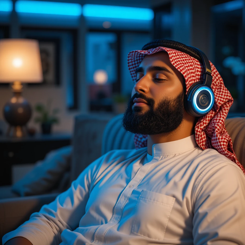 Homem de thobe branco relaxando com fones de ouvido à noite