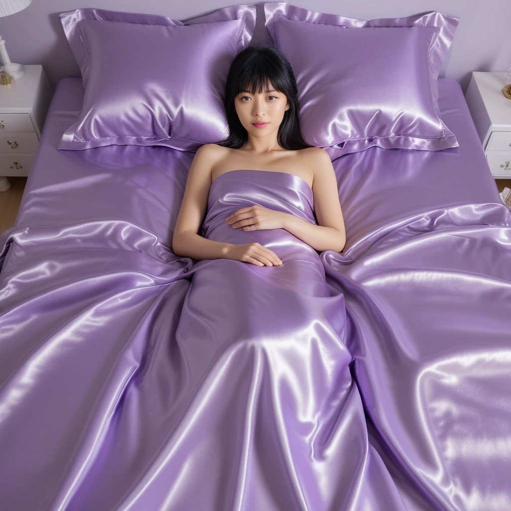 Mulher japonesa deitada em lençóis de cetim roxo-claro