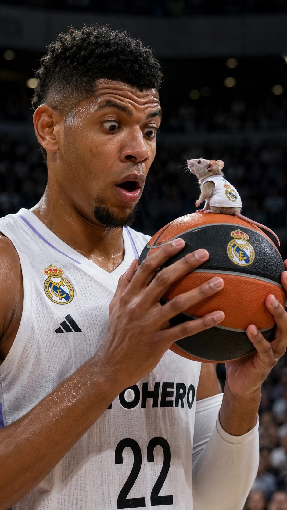 Giocatore di basket che fissa il pallone con minuscolo topo compagno di squadra