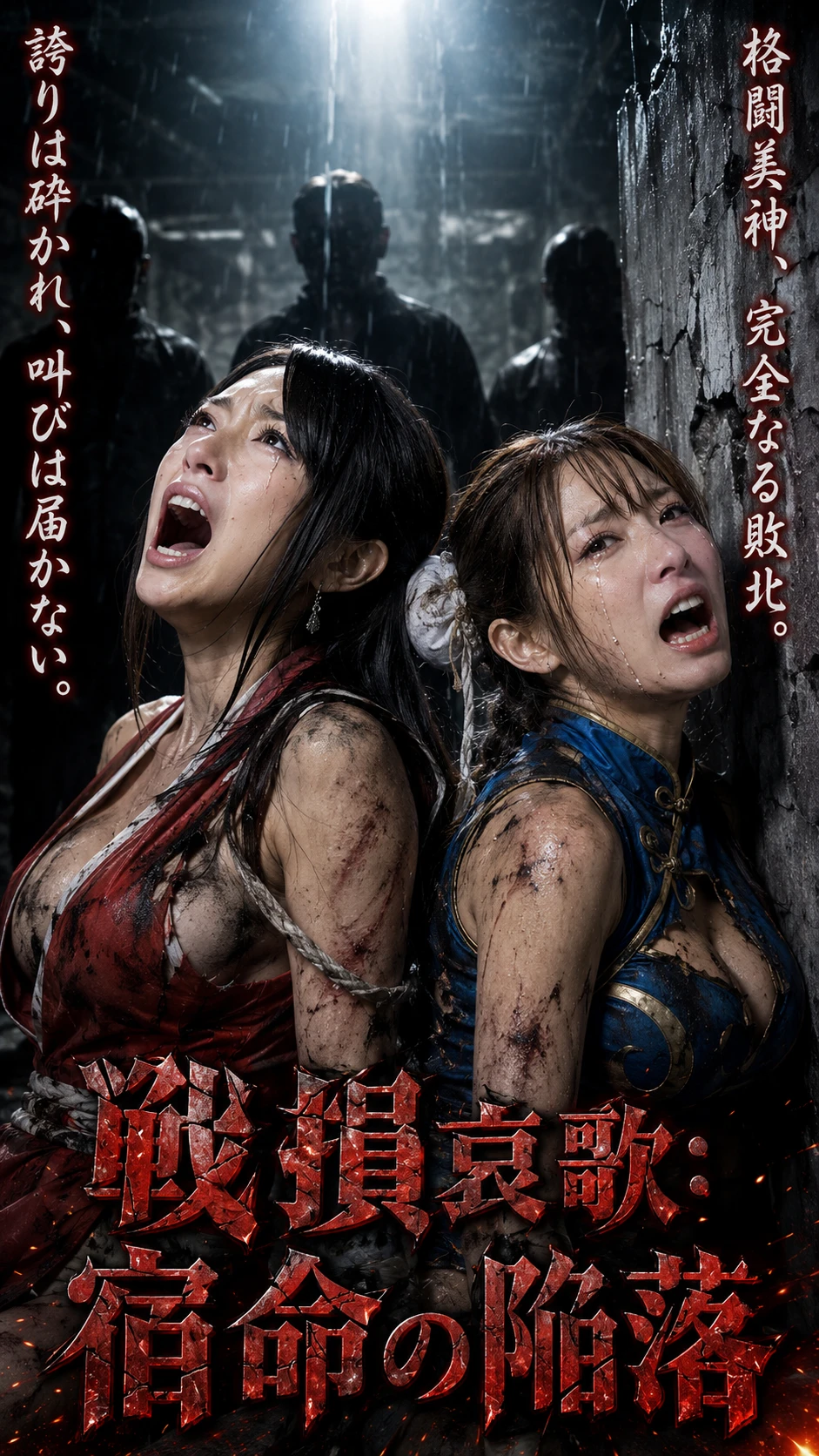 Defeated warrior women crying out under harsh spotlight