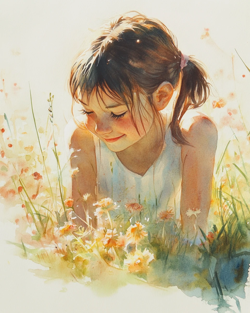 Garota sorridente com flores de verão em suave luz de aquarela