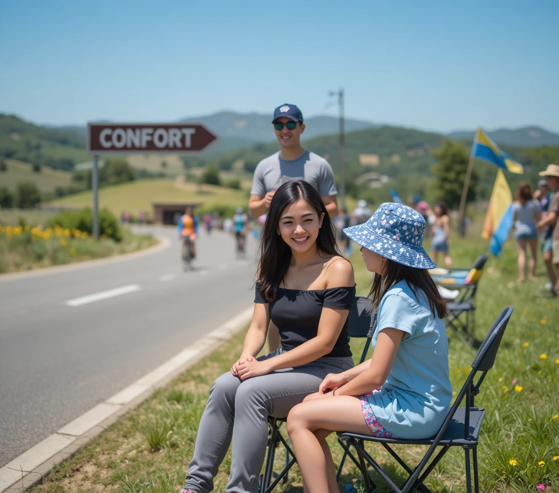 Familie sitzt am Straßenrand bei einem sonnigen Radrennen auf dem Land