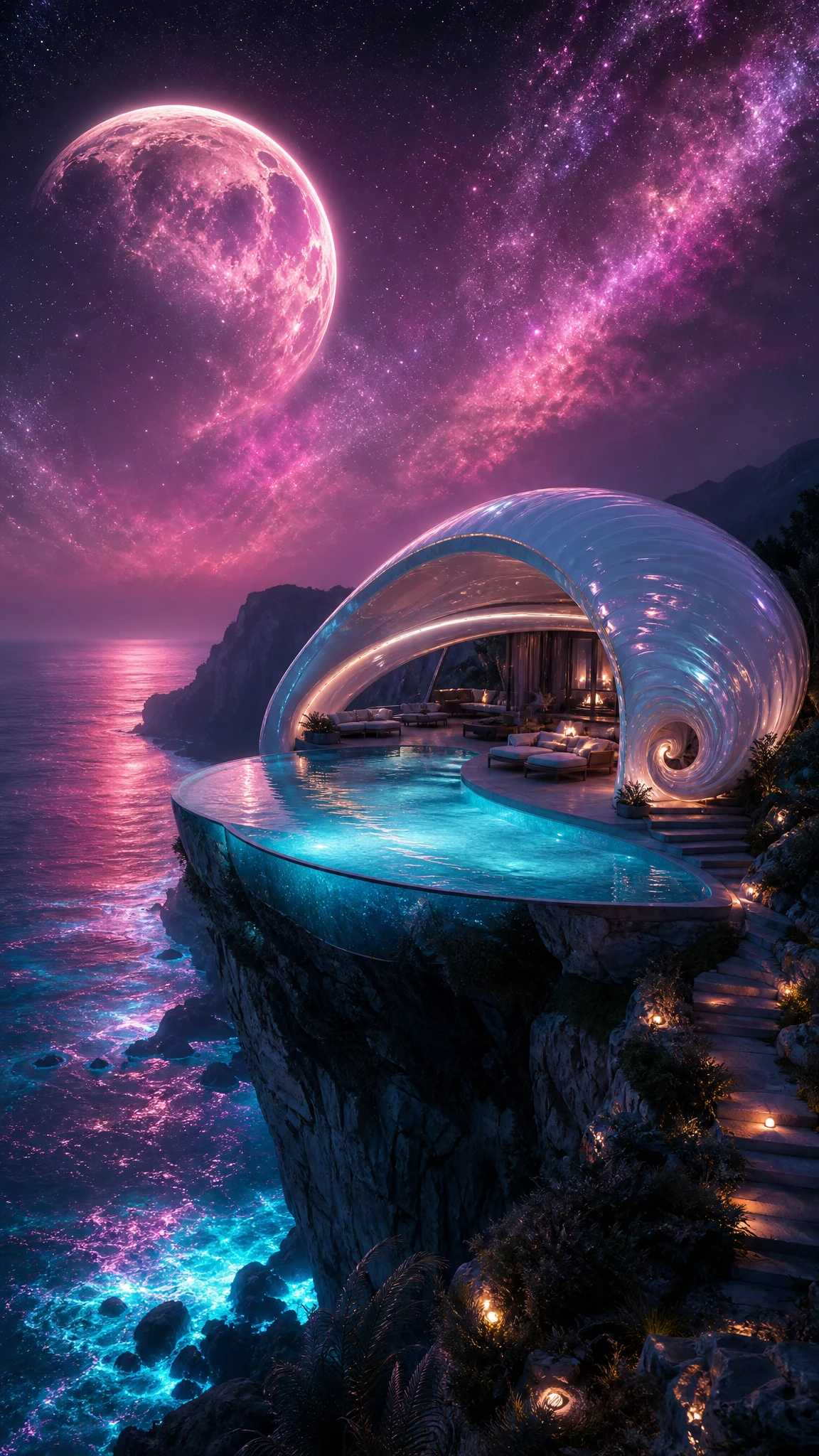 Lanai futuriste en falaise avec piscine à débordement lumineuse de nuit