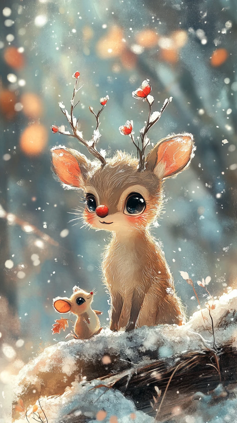 Süßes Chibi-Rentier auf einer Baumwurzel im Winterwald