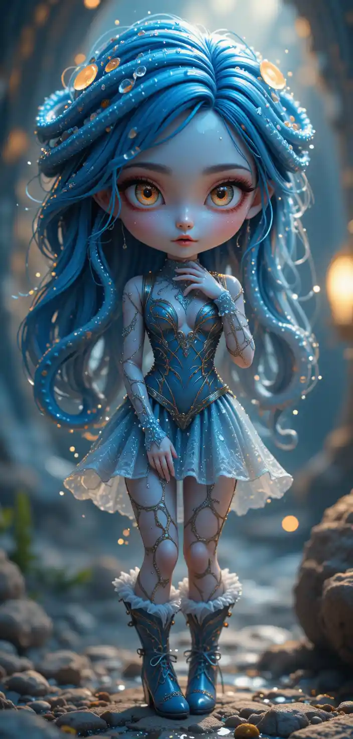 Ragazza aliena acquatica con elegante abito di tentacoli