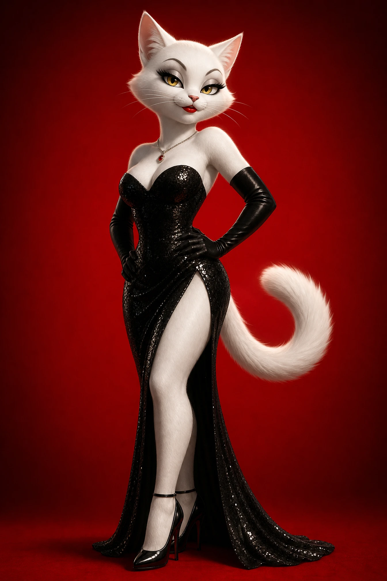 Elegante mulher-gato antropomórfica em um vestido preto de paetês