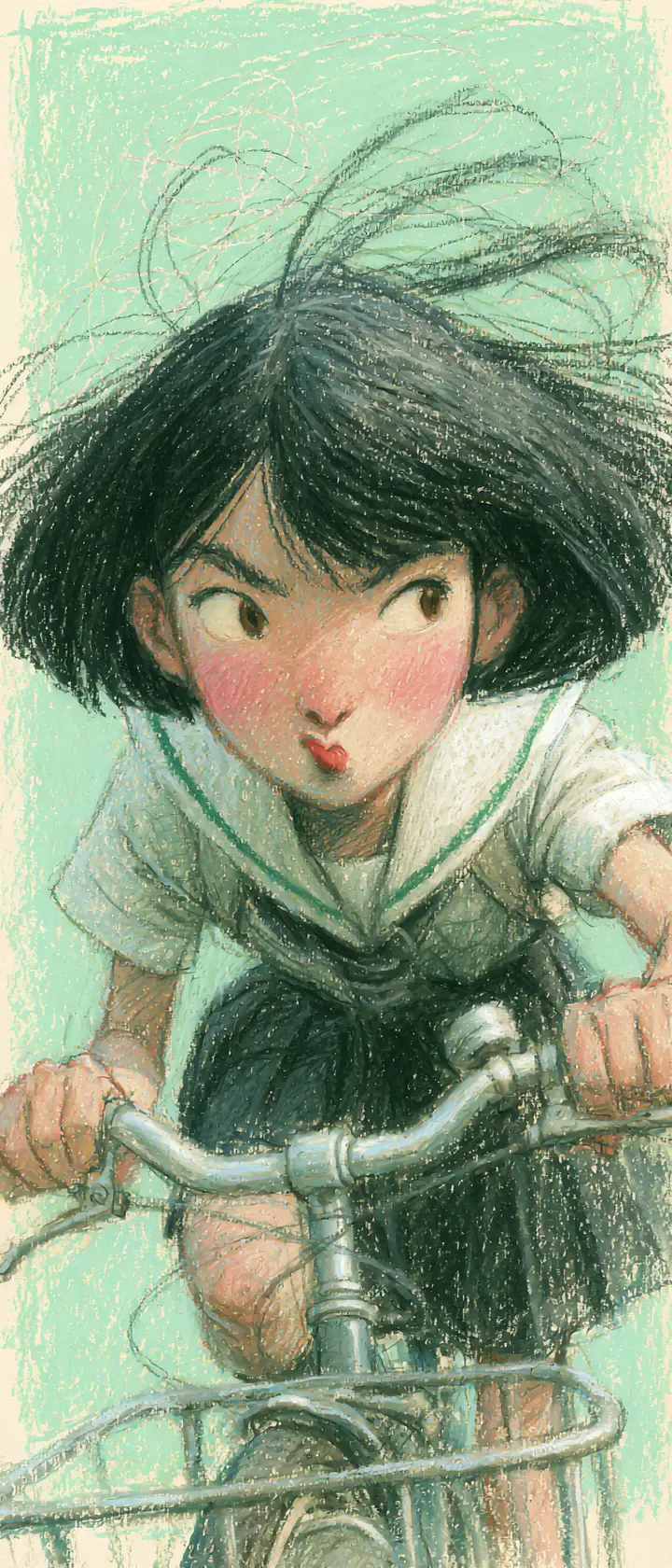 粉彩素描中向前騎行的日本女學生