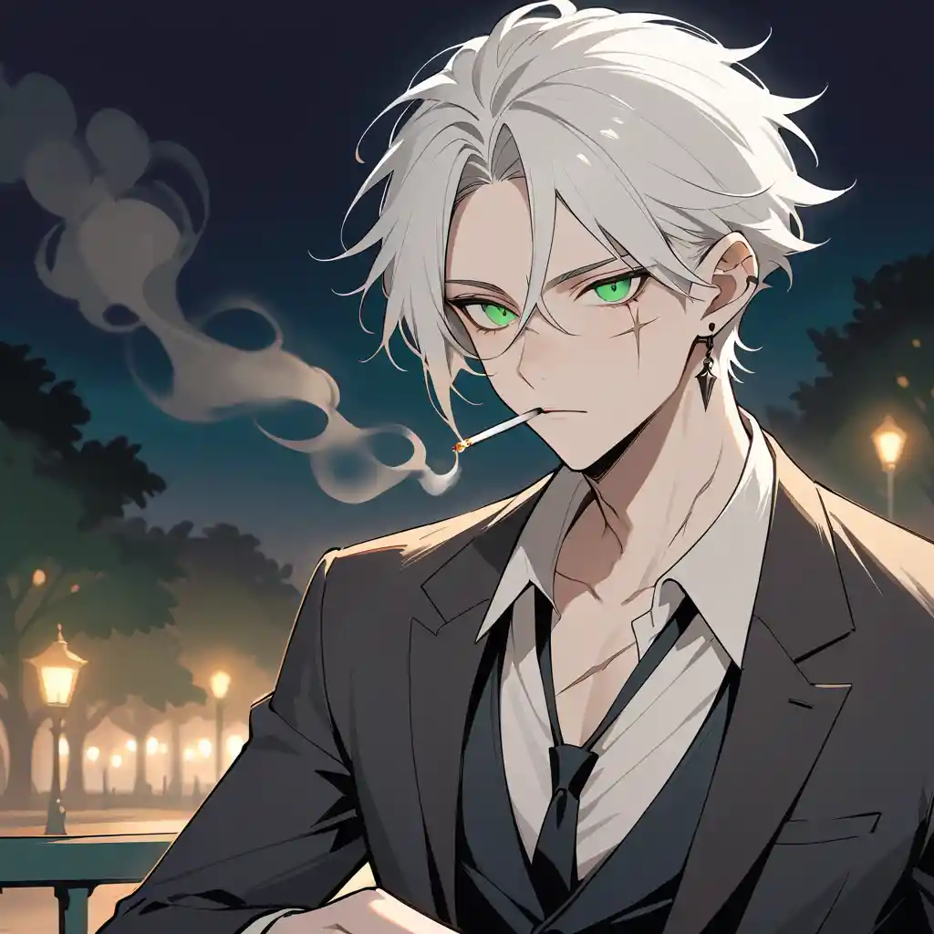Uomo dai capelli bianchi in completo nero che fuma di notte