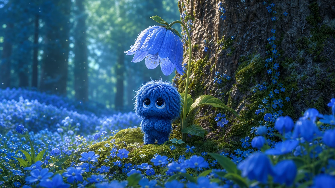 Pequeña criatura azul bajo una sola flor luminosa del bosque