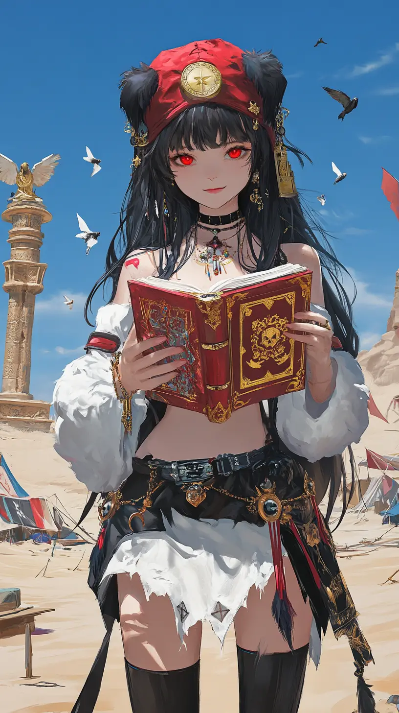 Fille d’anime avec livre démoniaque devant un château désertique en ruines au crépuscule