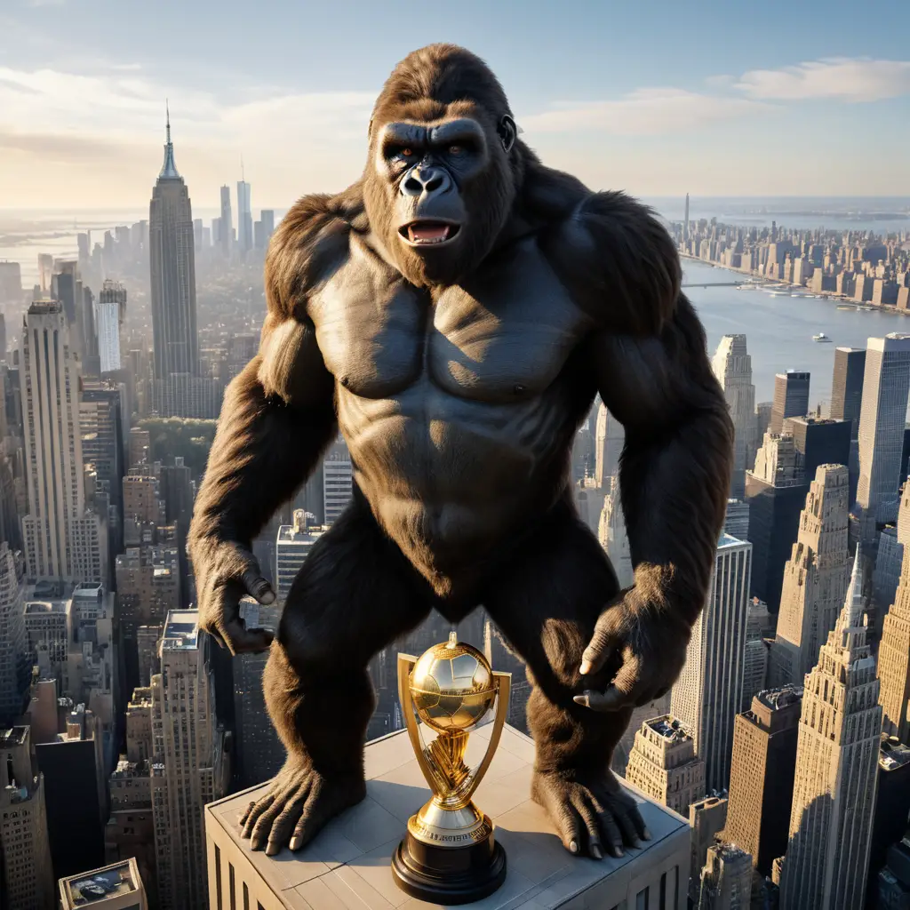 Riesiger Gorilla im Trikot auf dem Empire State Building bei Sonnenuntergang