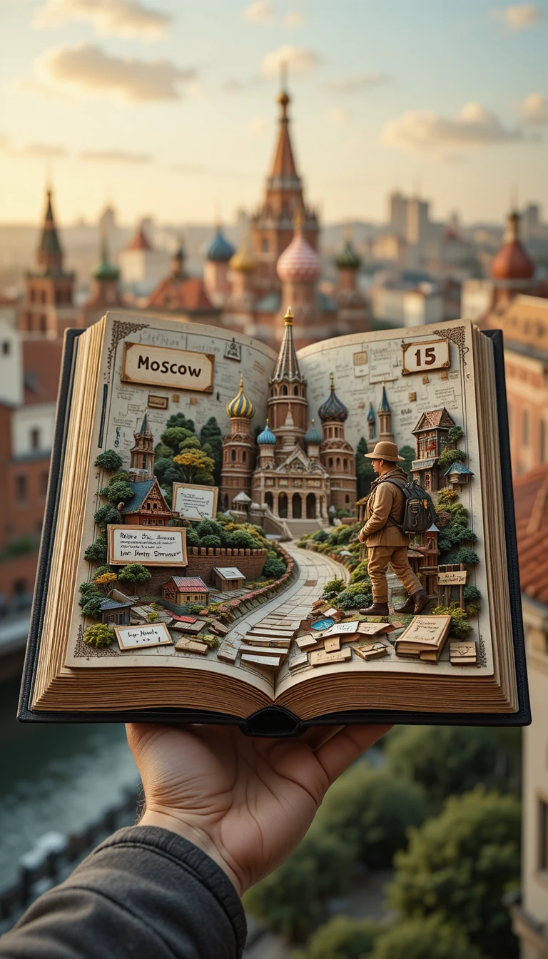 Mano sosteniendo revista de viajes vintage con diorama de Moscú