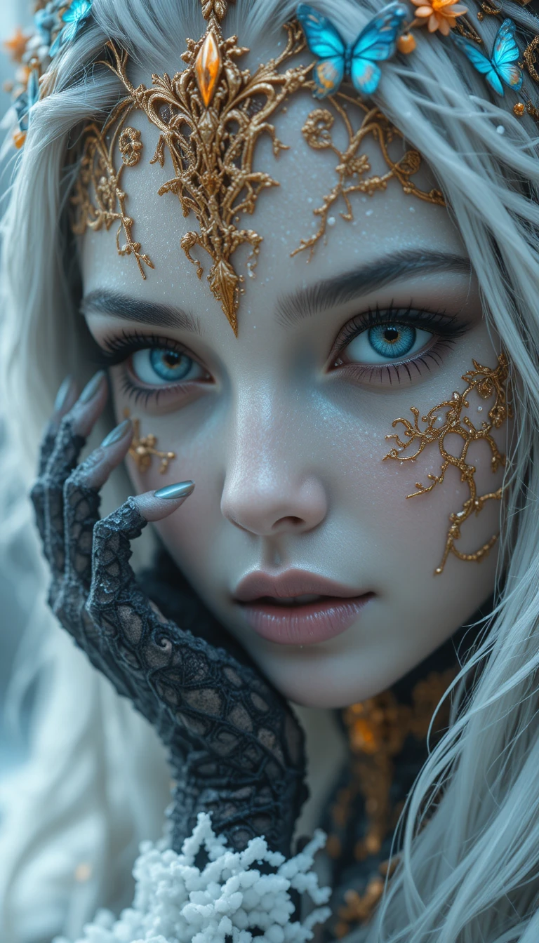Mystische Frost-Elfenkönigin in eisiger Fantasy-Nahaufnahme