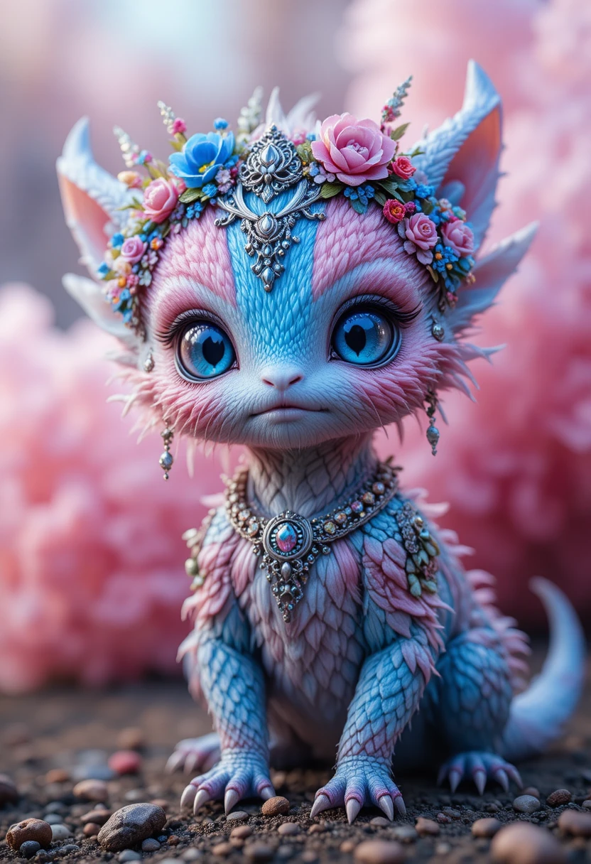 Criatura fantástica etérea em rosa e azul em close