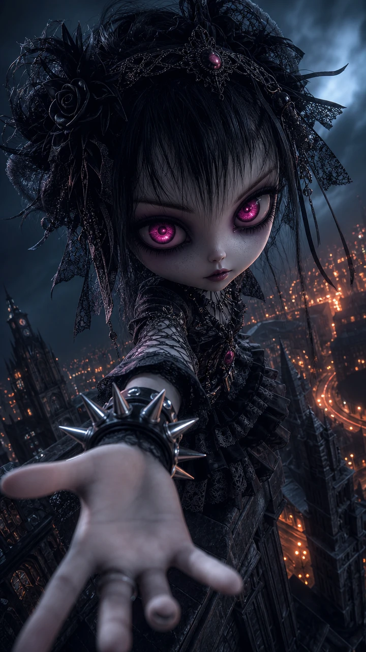 Ragazza goth sopra una città notturna luminosa con occhi magenta