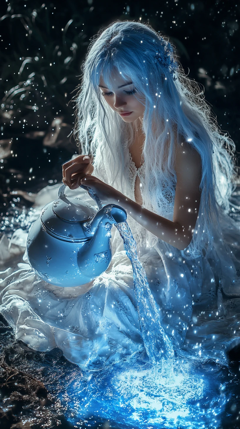 Ragazza Acquario che versa acqua in una scena cosmica surreale