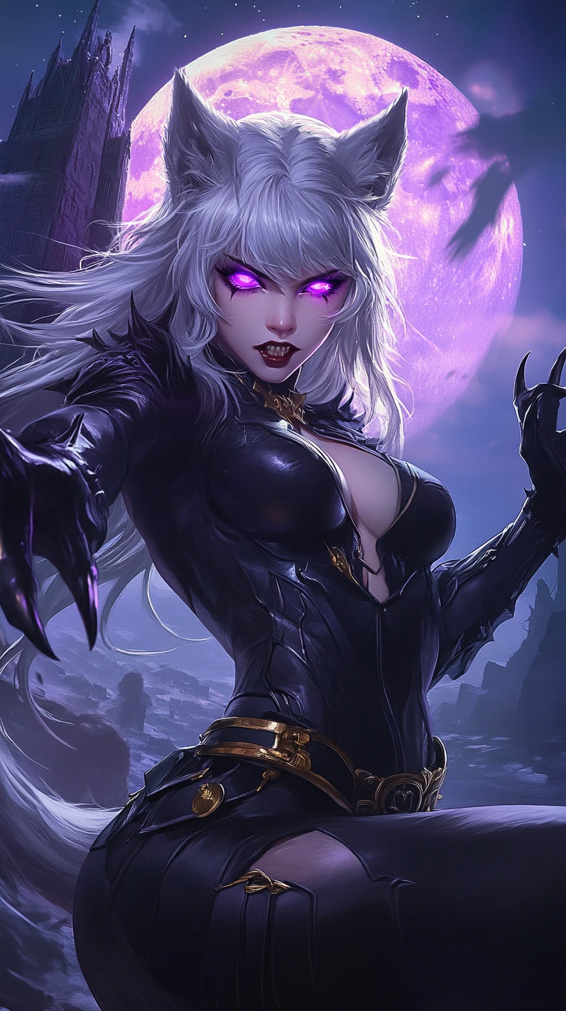 Ragazza lupo che si lancia sotto una luna viola brillante