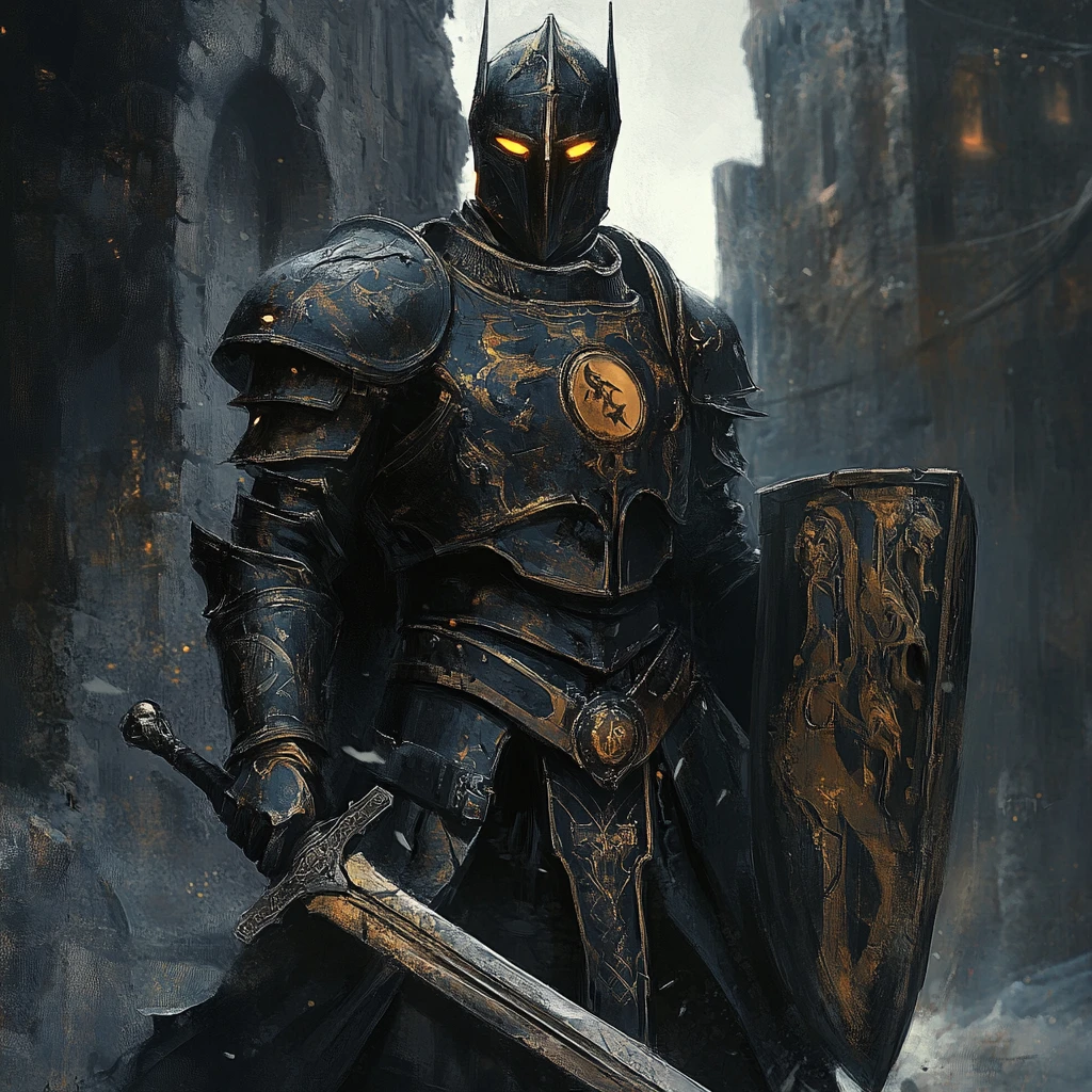 Paladin forgé de guerre en armure de bronze avec épée et bouclier