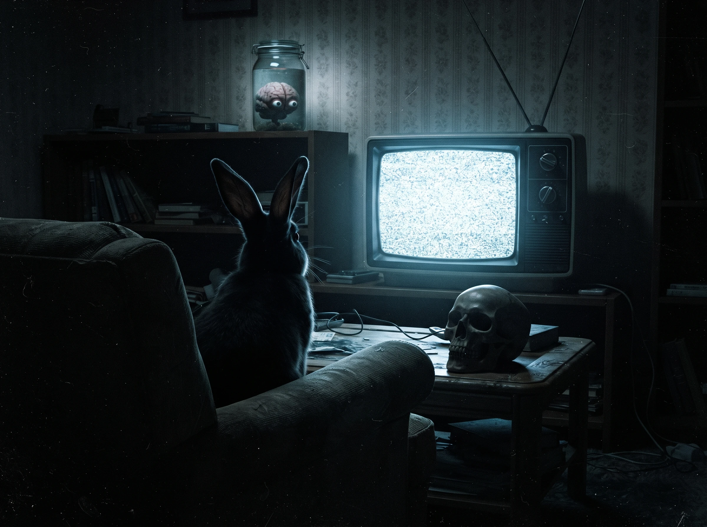 Silhouette de lapin regardant une télévision avec neige dans un salon sombre