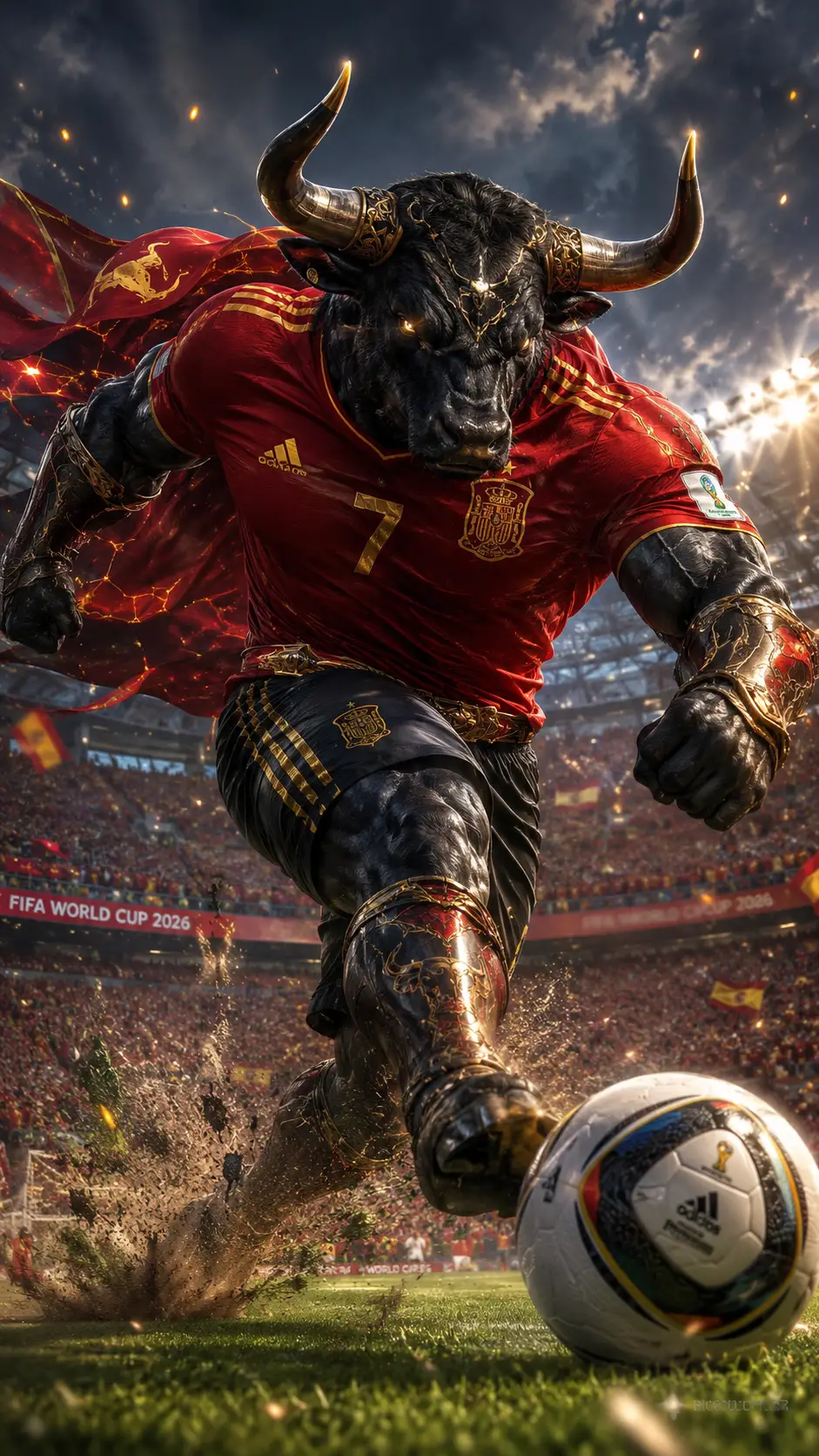 Taurus bull warrior kicking a football in world cup stadium