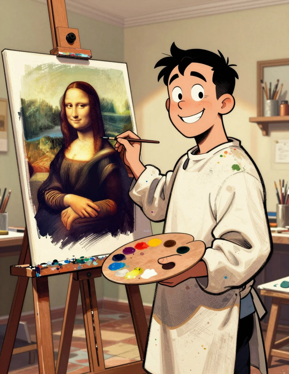 モナ・リザをコミカルに描く陽気な画家