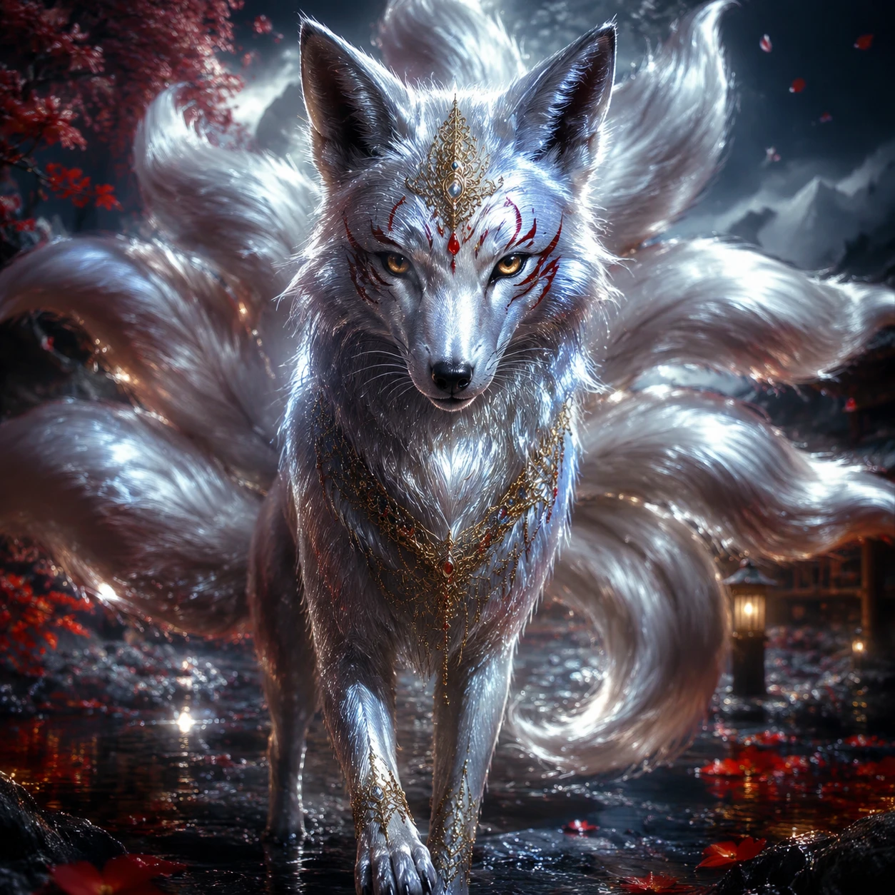 Renard kitsune argenté de face dans une lumière fantastique