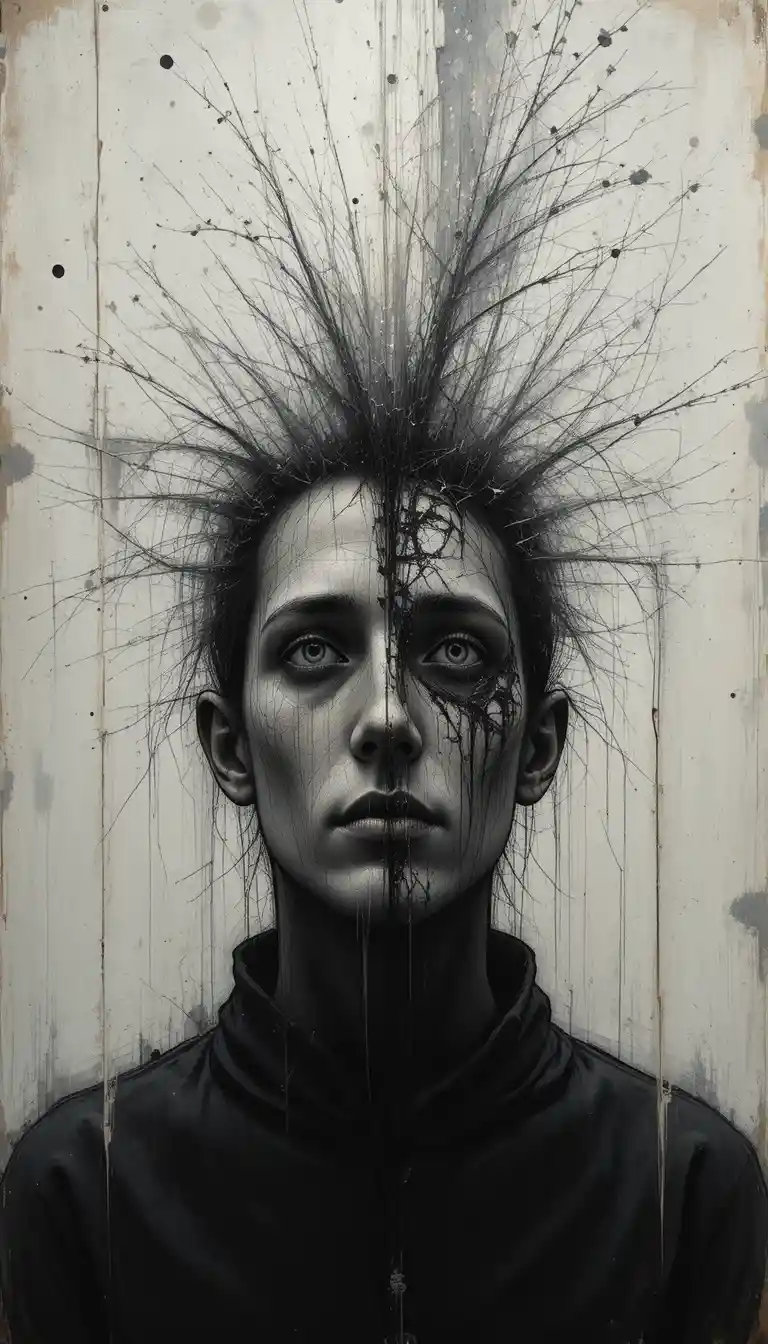 Ritratto malinconico di una persona in una pittura astratta in chiaroscuro