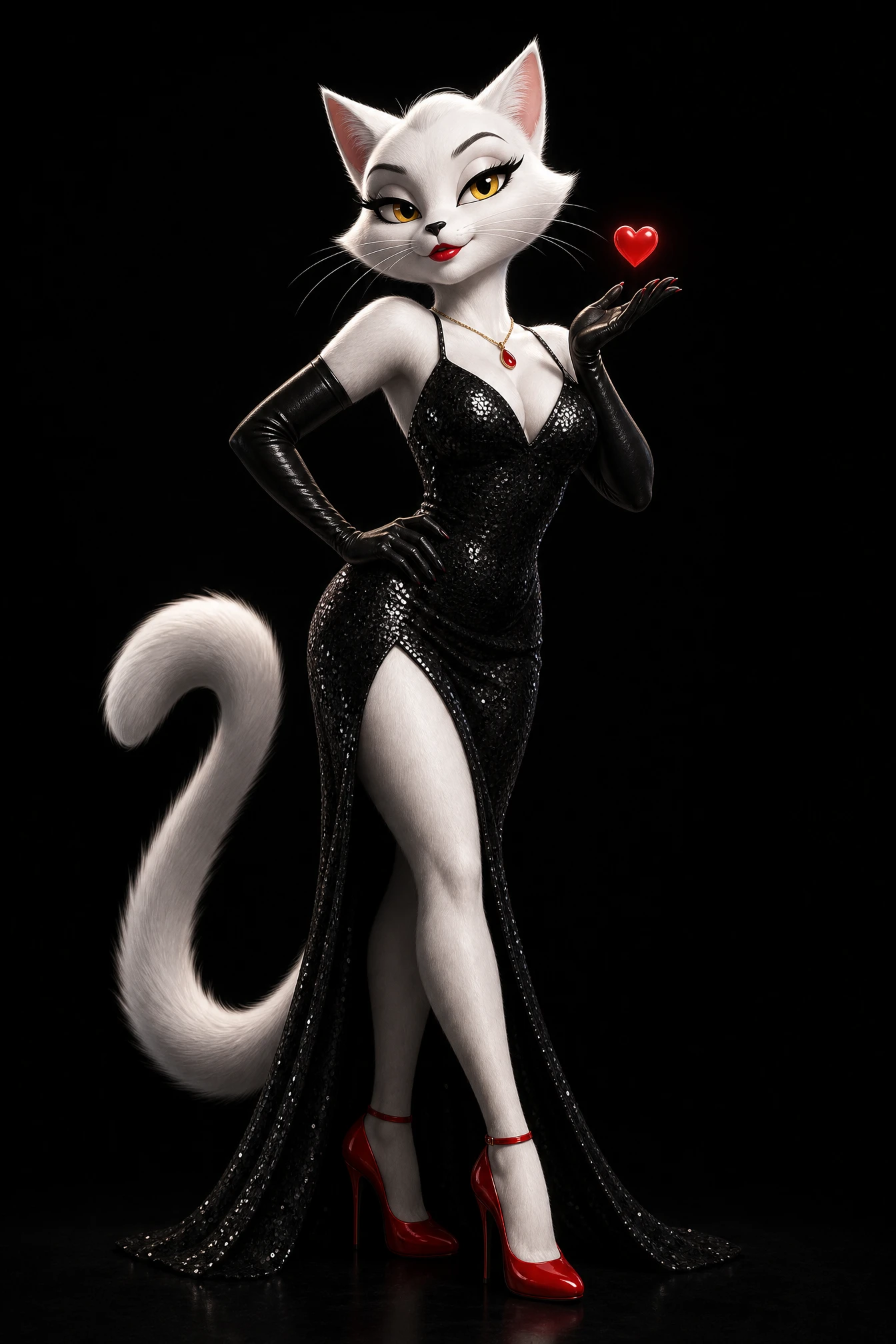 Femme chat blanche glamour en robe de soirée noire à sequins