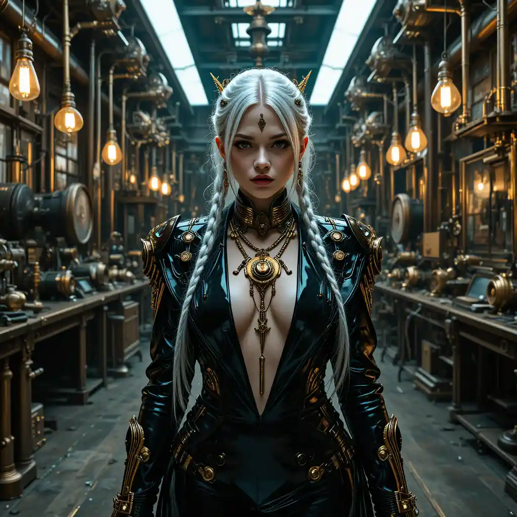 Cyber steampunk queen in a luxurious mechanical fashion studio