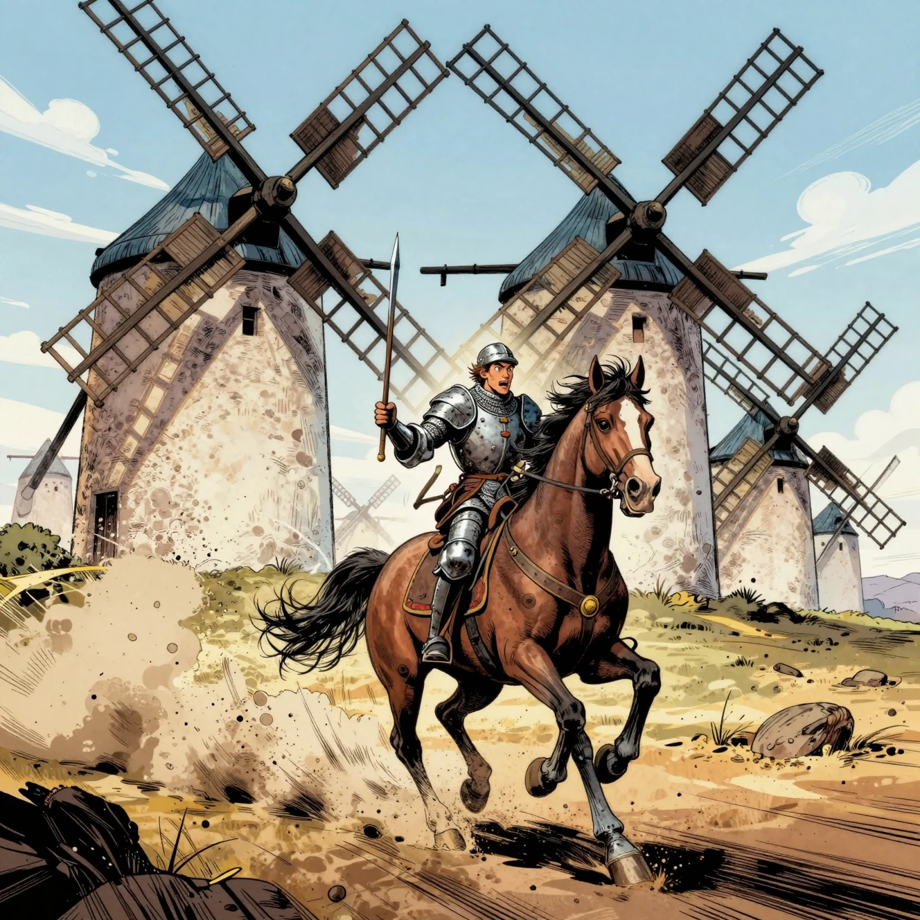 Ritter, der im Comic-Stil auf riesige Windmühlen zustürmt