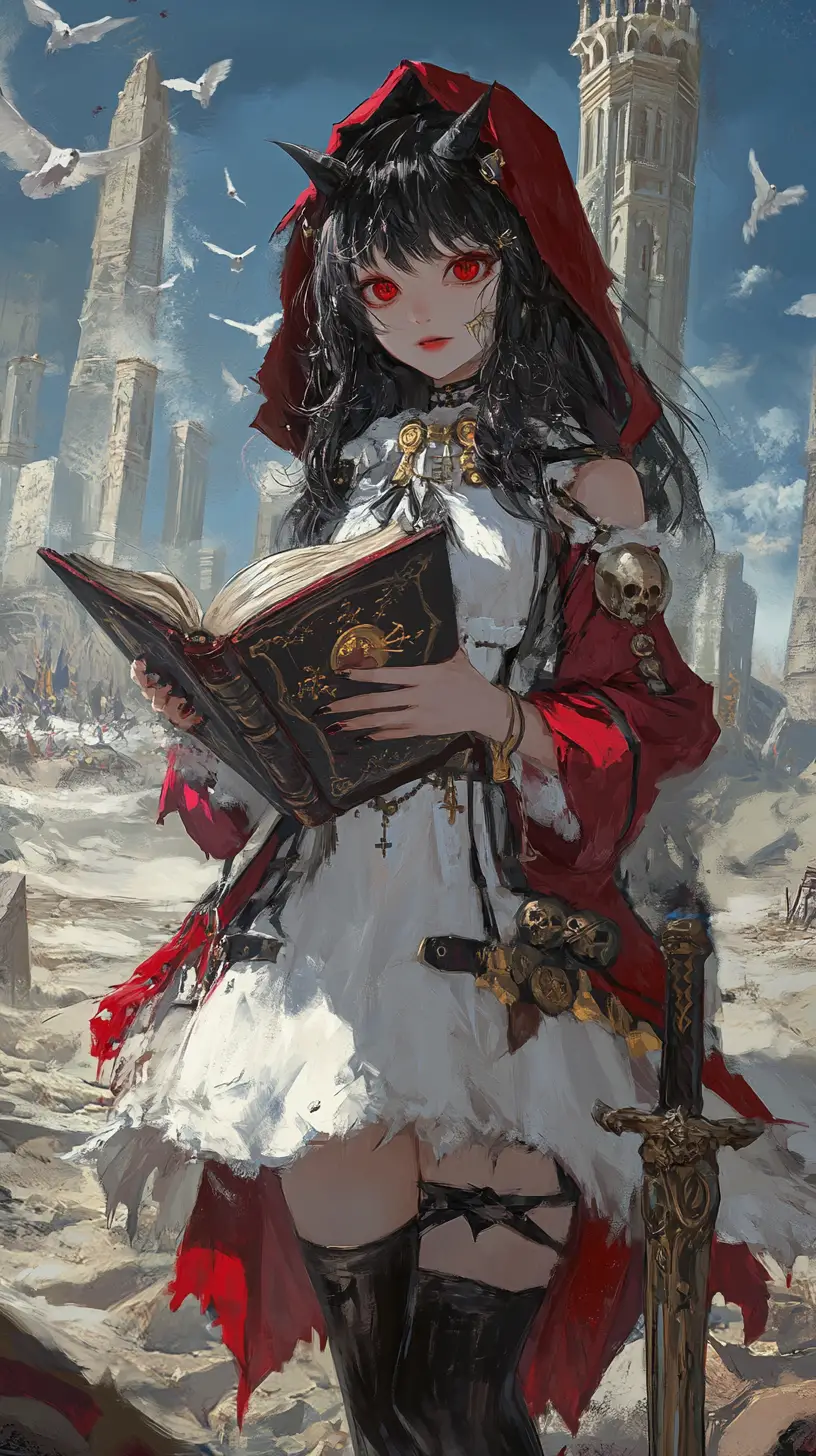 Fille d’anime avec livre démoniaque devant un château en ruine dans le désert au crépuscule