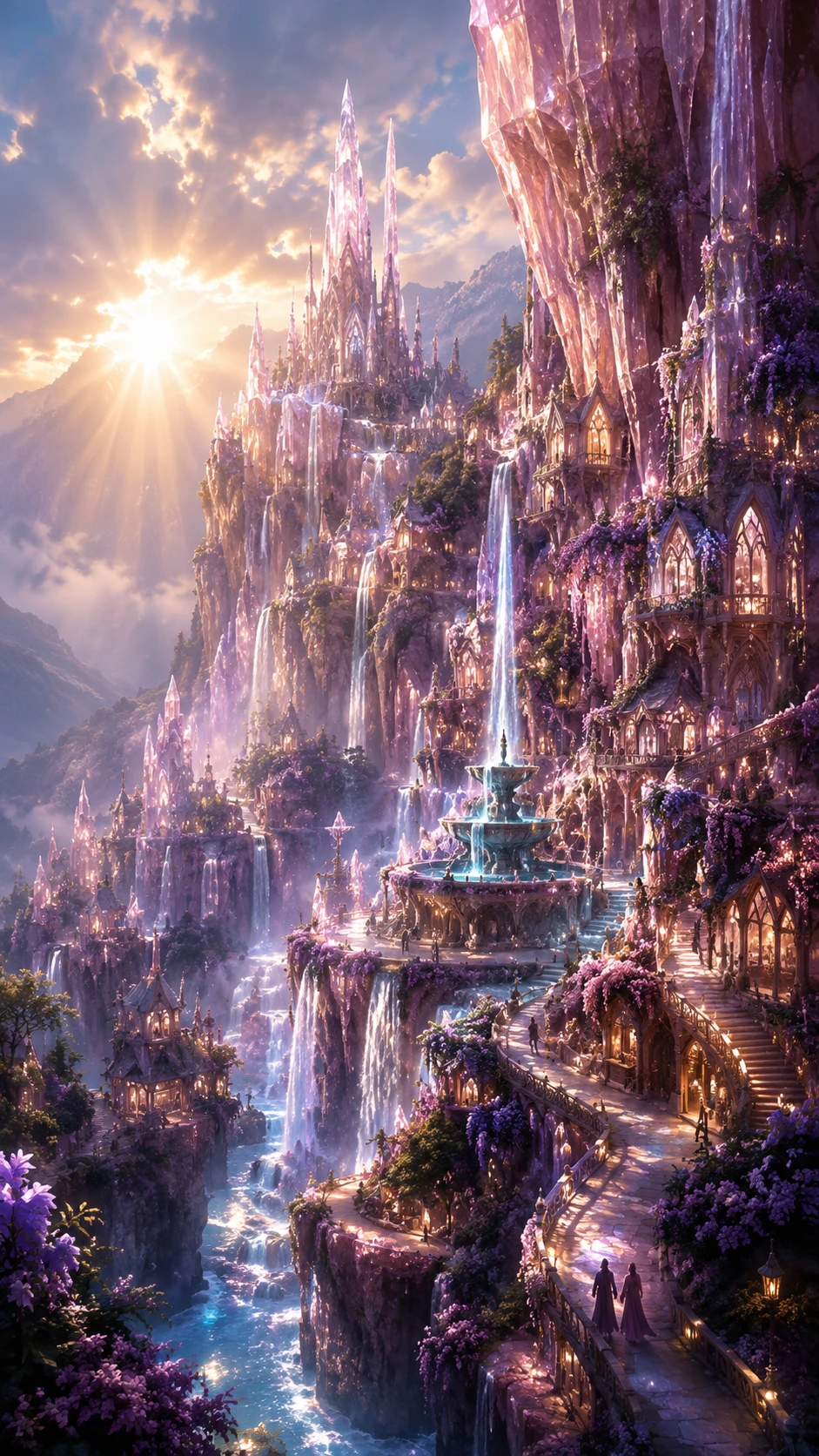 Cidade de cristal romântica esculpida em falésias fantásticas iluminadas
