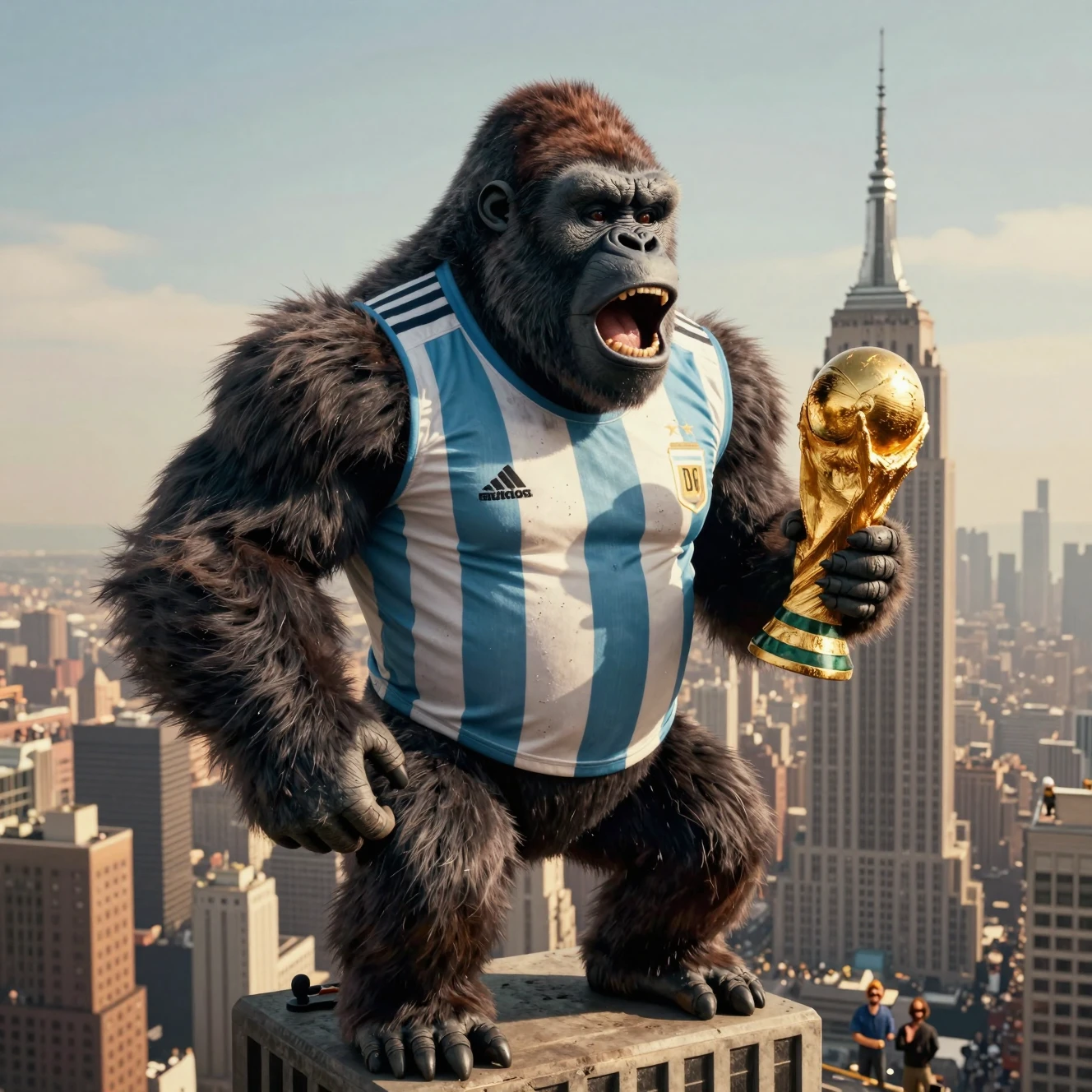 Riesiger Gorilla im Trikot auf einem Wolkenkratzer bei Sonnenuntergang