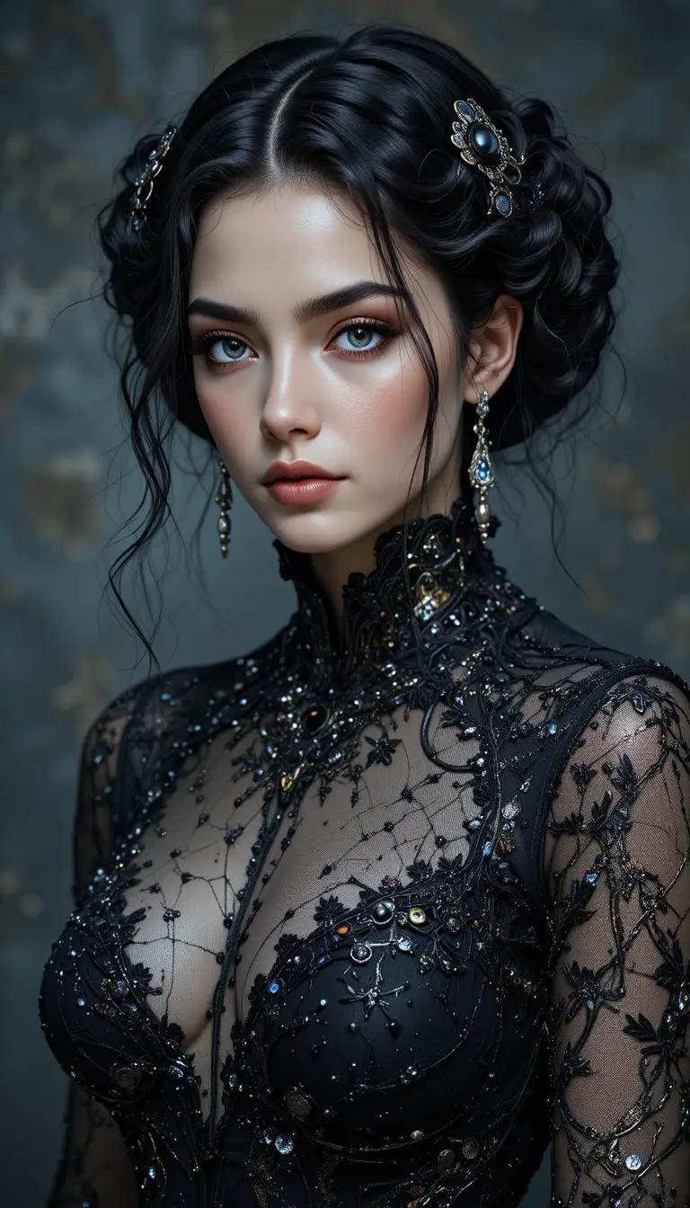 Seductive dark angel woman with black wings and gown