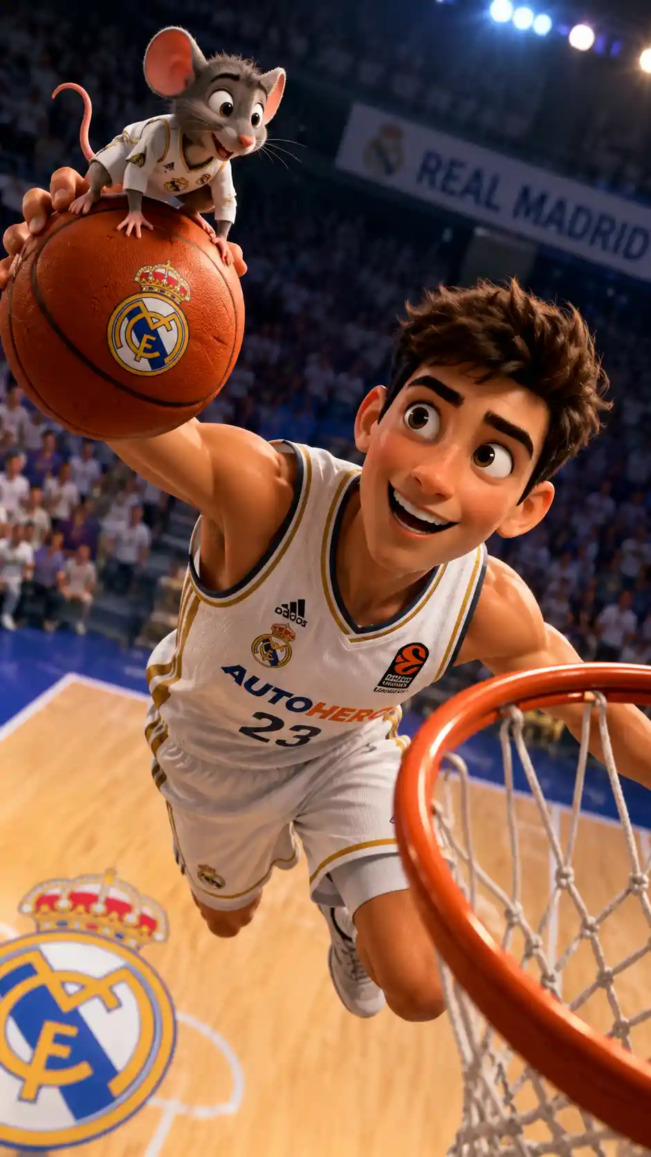 Giocatore di basket e topo che condividono un momento al canestro