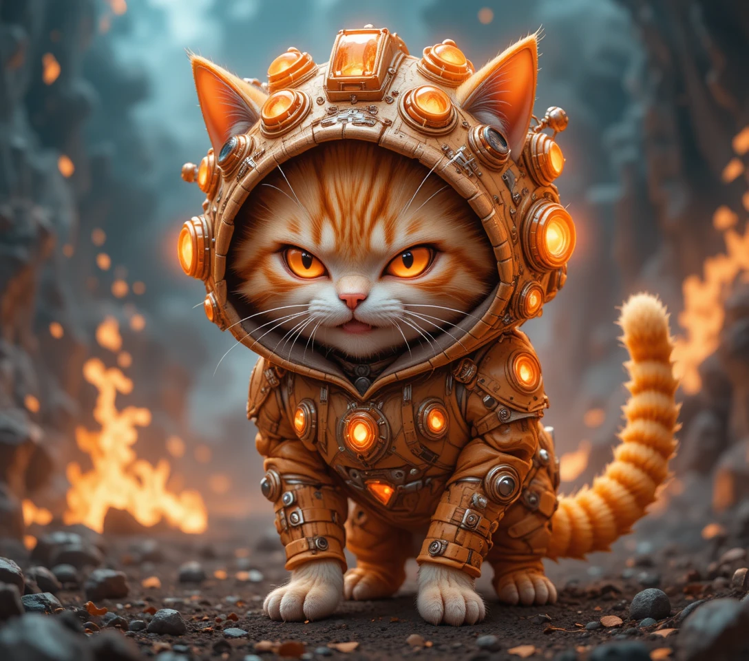 Gato malhado estilo anime em capuz tático ciano em chamas