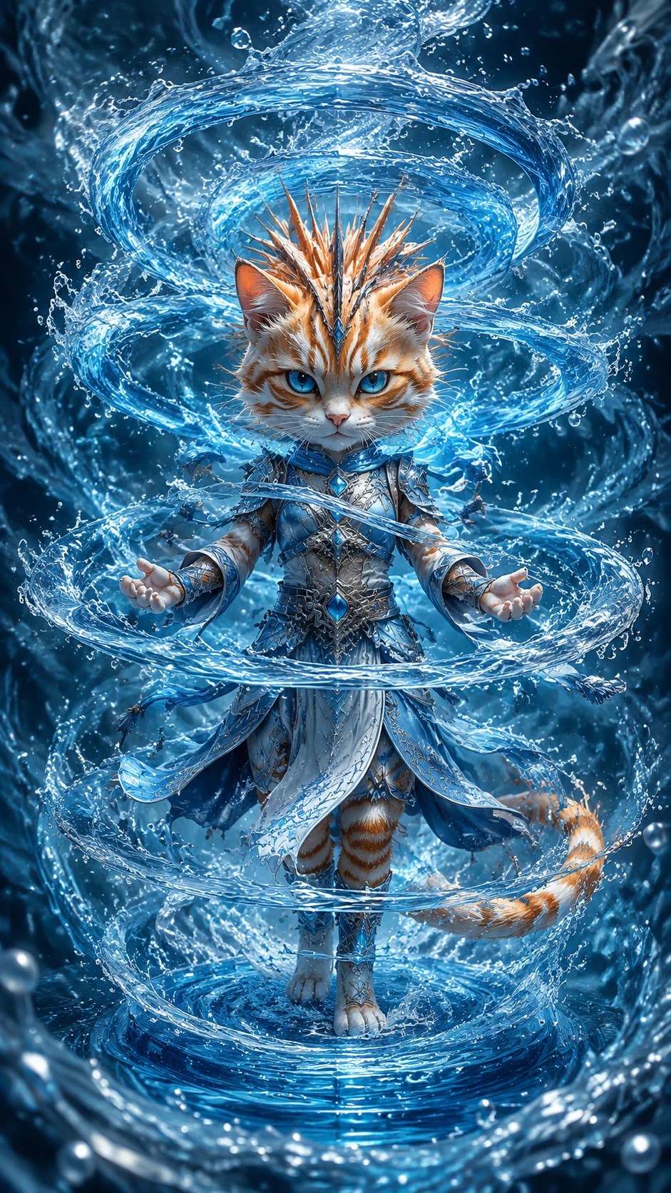 Maga gato malhado antropomórfica com magia de água em espiral