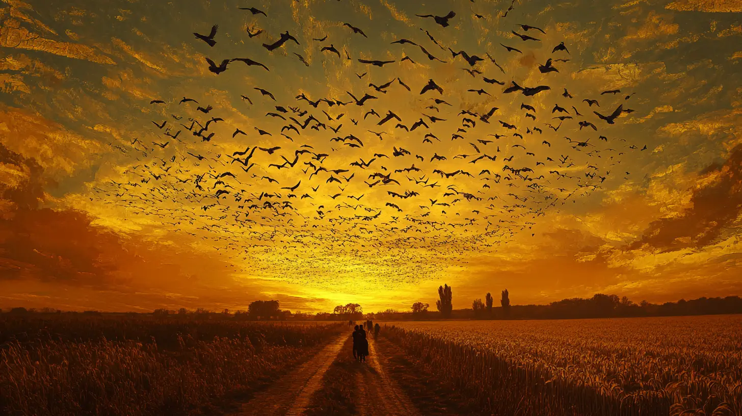 Kraniche überqueren einen ruhigen Abendhimmel über Feldern