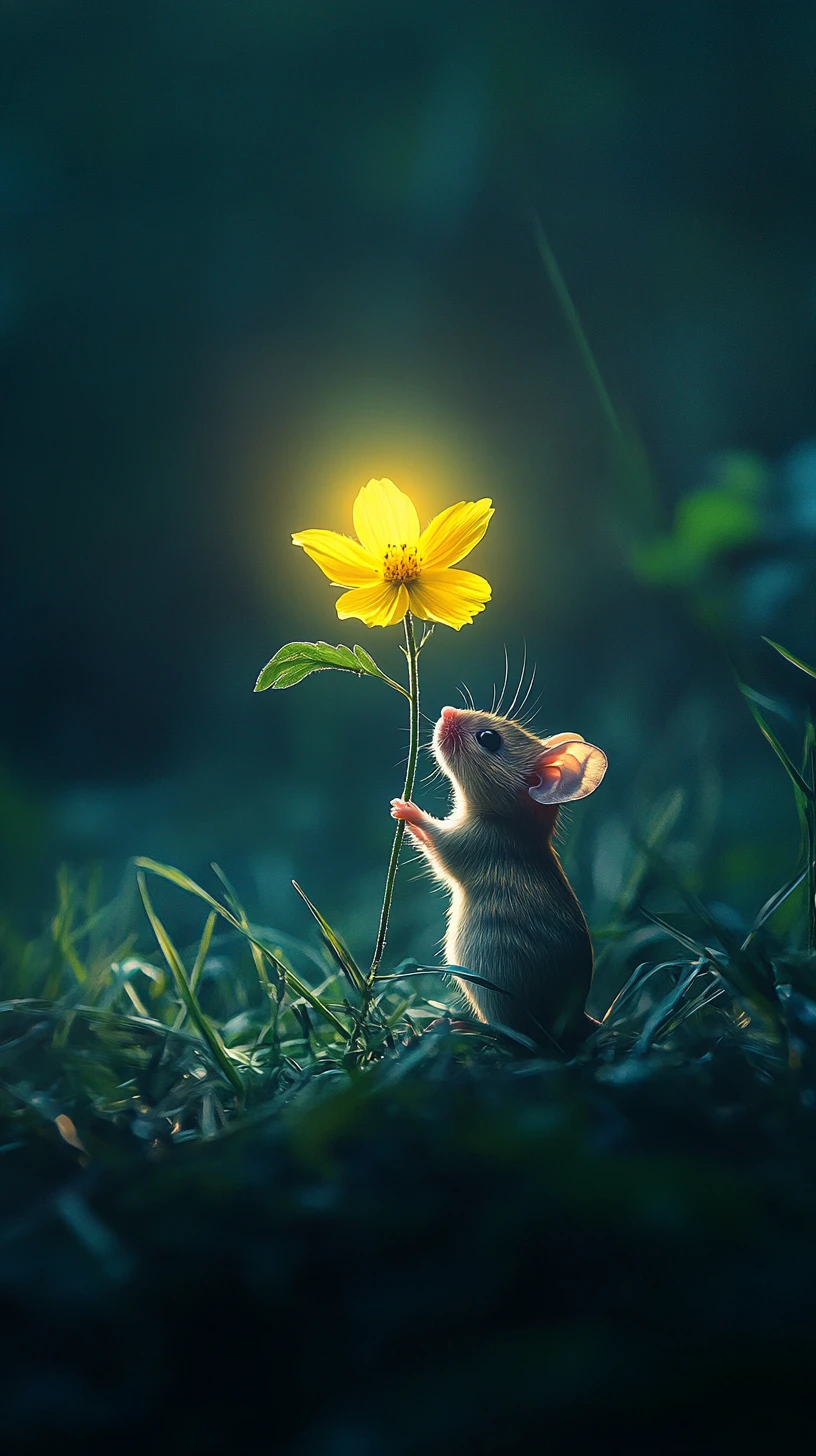 Pequeno camundongo do campo alcançando um sol de flor brilhante