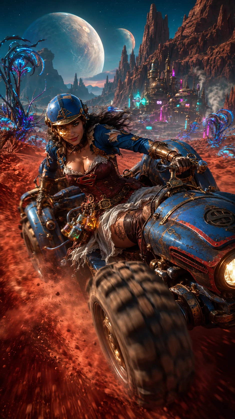 Mulher steampunk correndo de landspeeder pelo deserto alienígena