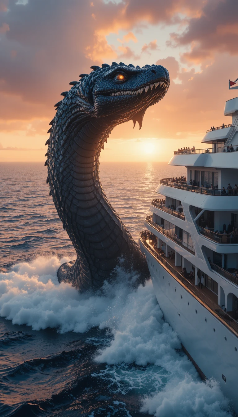 Serpente marinha gigante ao lado de navio de cruzeiro de luxo ao pôr do sol
