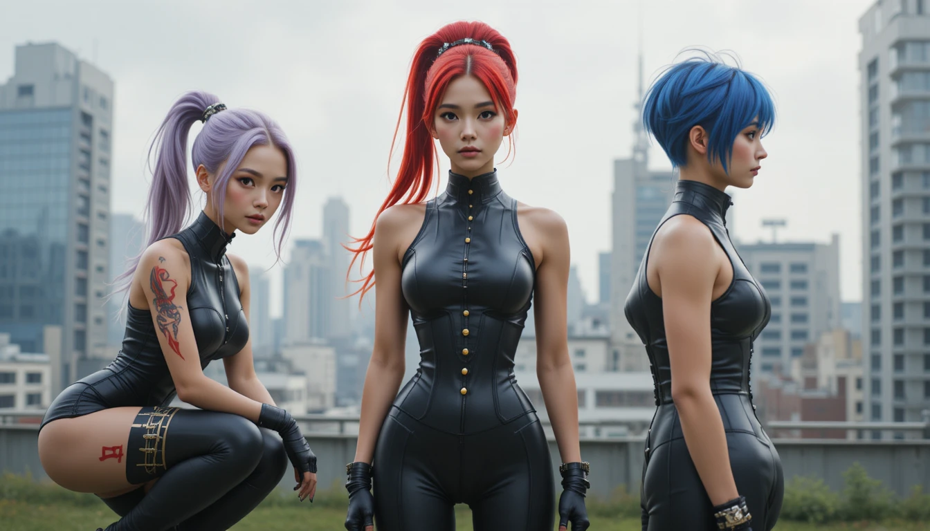 Tre donne in body tattici su una terrazza urbana sul tetto