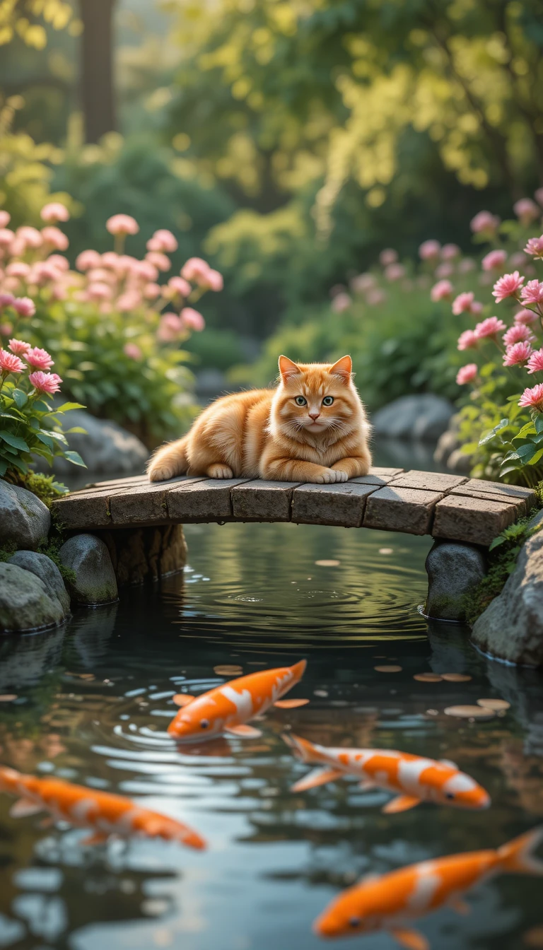 Gato tigrado ruivo descansando em ponte de madeira sobre lago de carpas koi