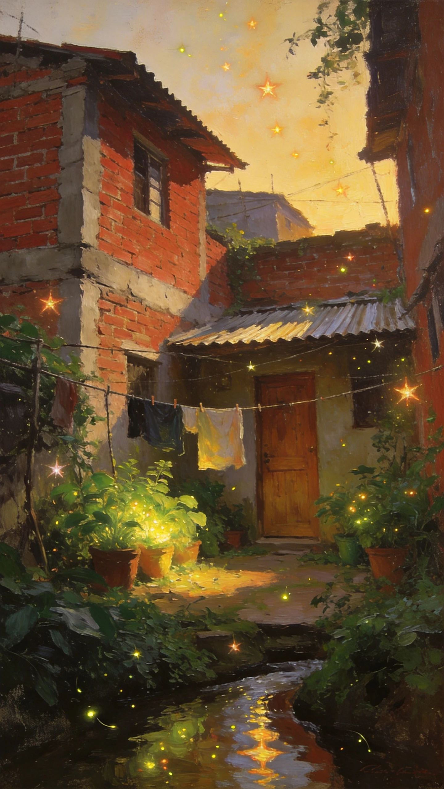 Cour latino-américaine à l’heure dorée avec lucioles lumineuses