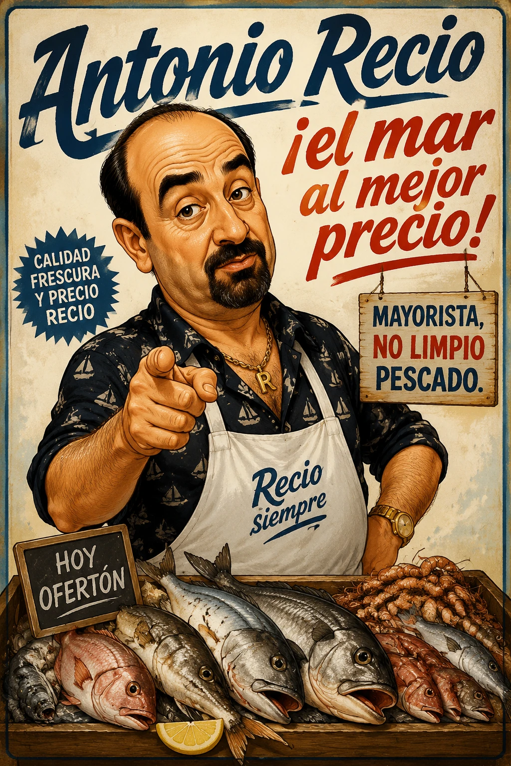 Ritratto a fumetti di un severo grossista di pesce con slogan audace